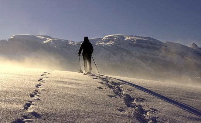 Escursionista con bastoncini su un pendio innevato